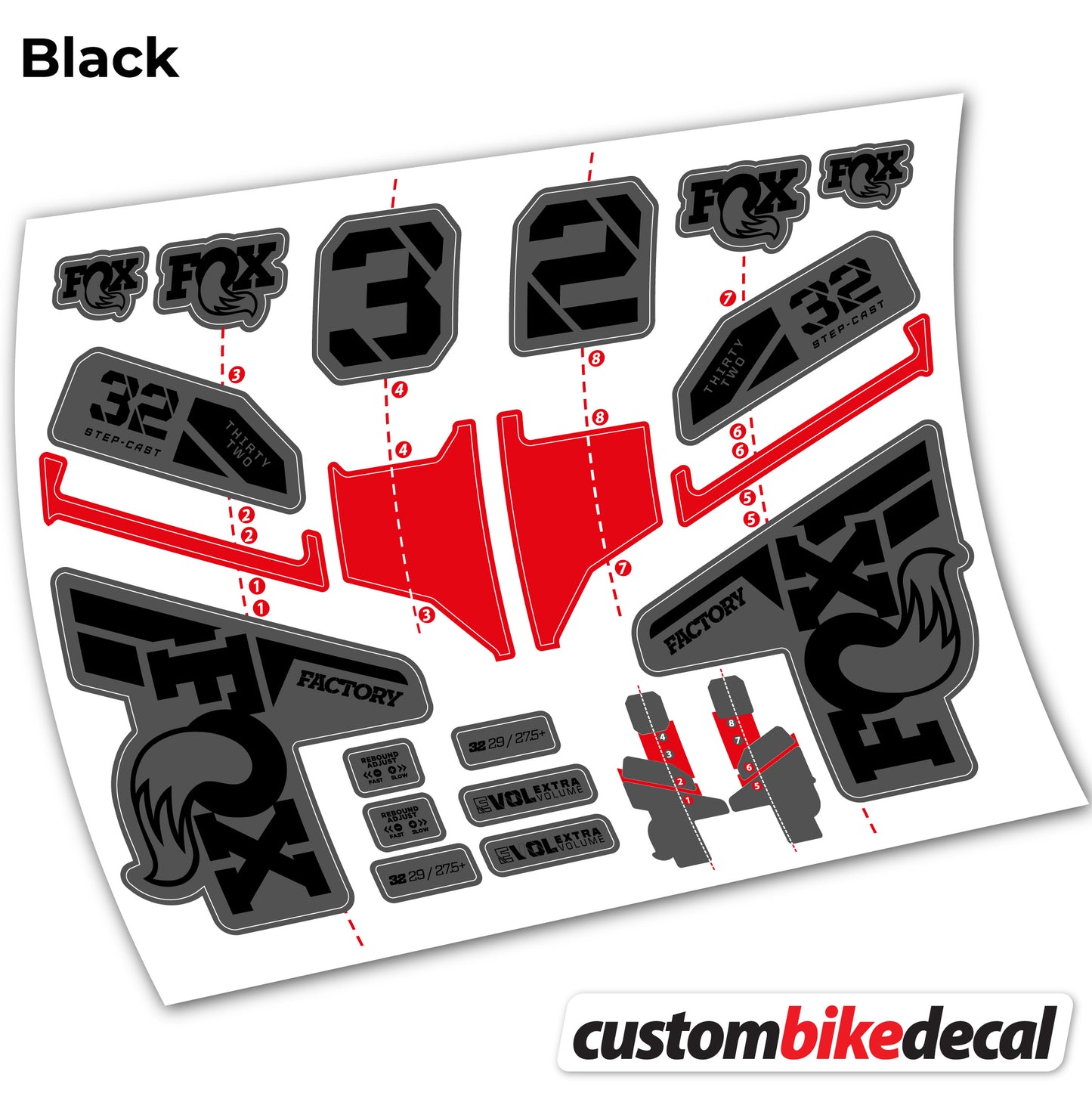 Aufkleber, FOX 32 Step Cast Factory Mk2 2021 2022 y 2023, Fahrradgabel, Sticker Vinyl
