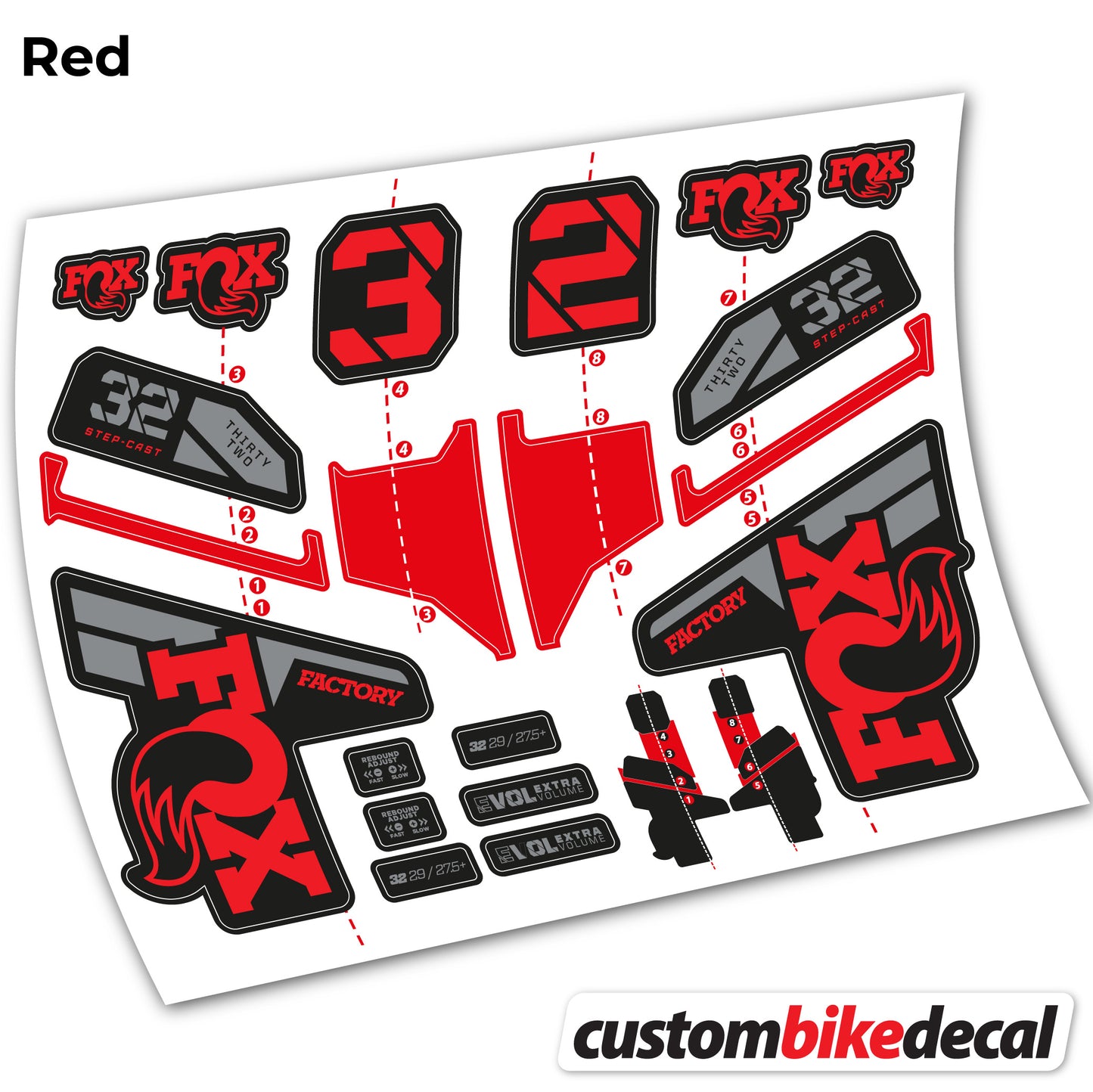 Aufkleber, FOX 32 Step Cast Factory Mk2 2021 2022 y 2023, Fahrradgabel, Sticker Vinyl