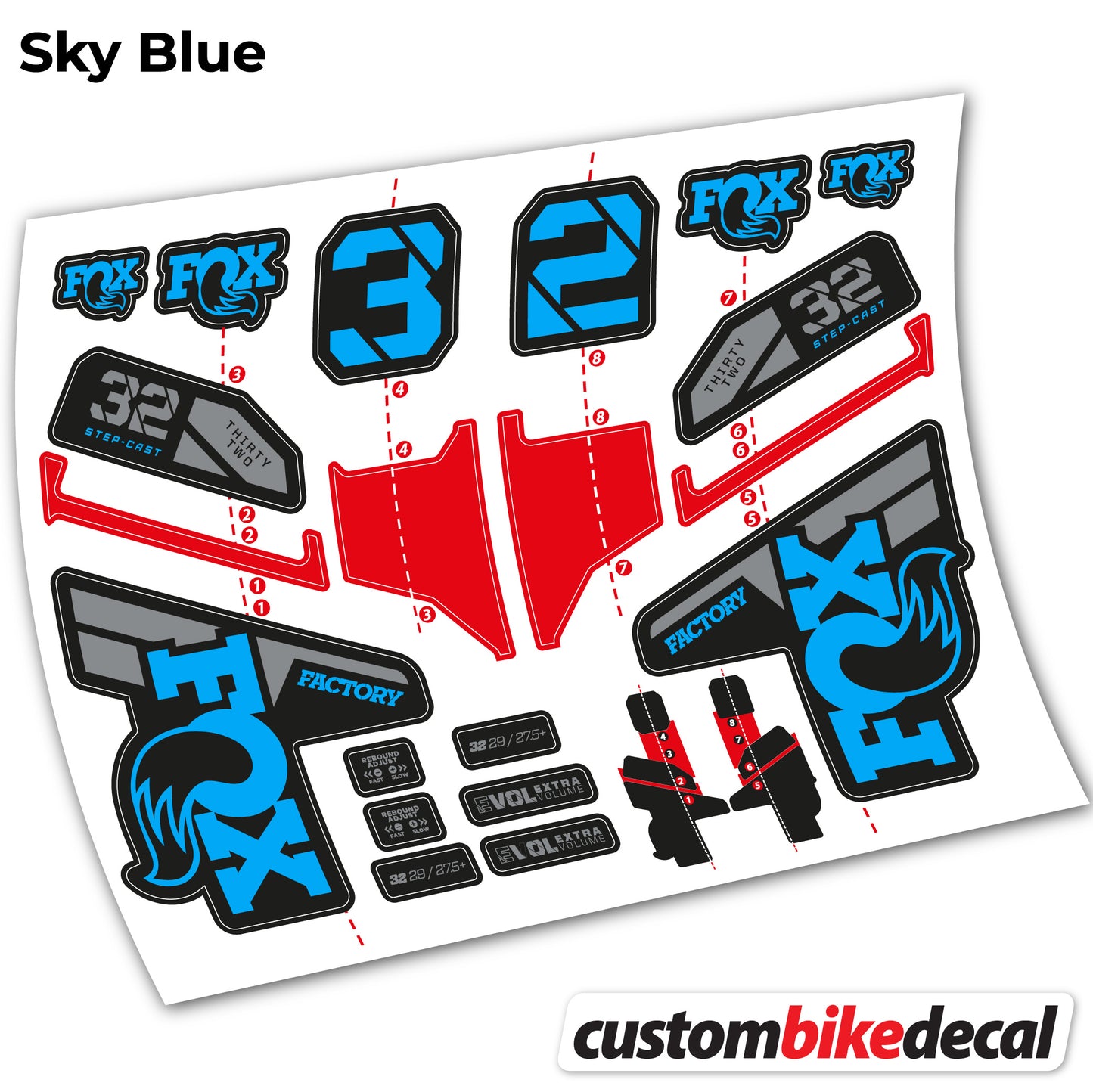 Aufkleber, FOX 32 Step Cast Factory Mk2 2021 2022 y 2023, Fahrradgabel, Sticker Vinyl