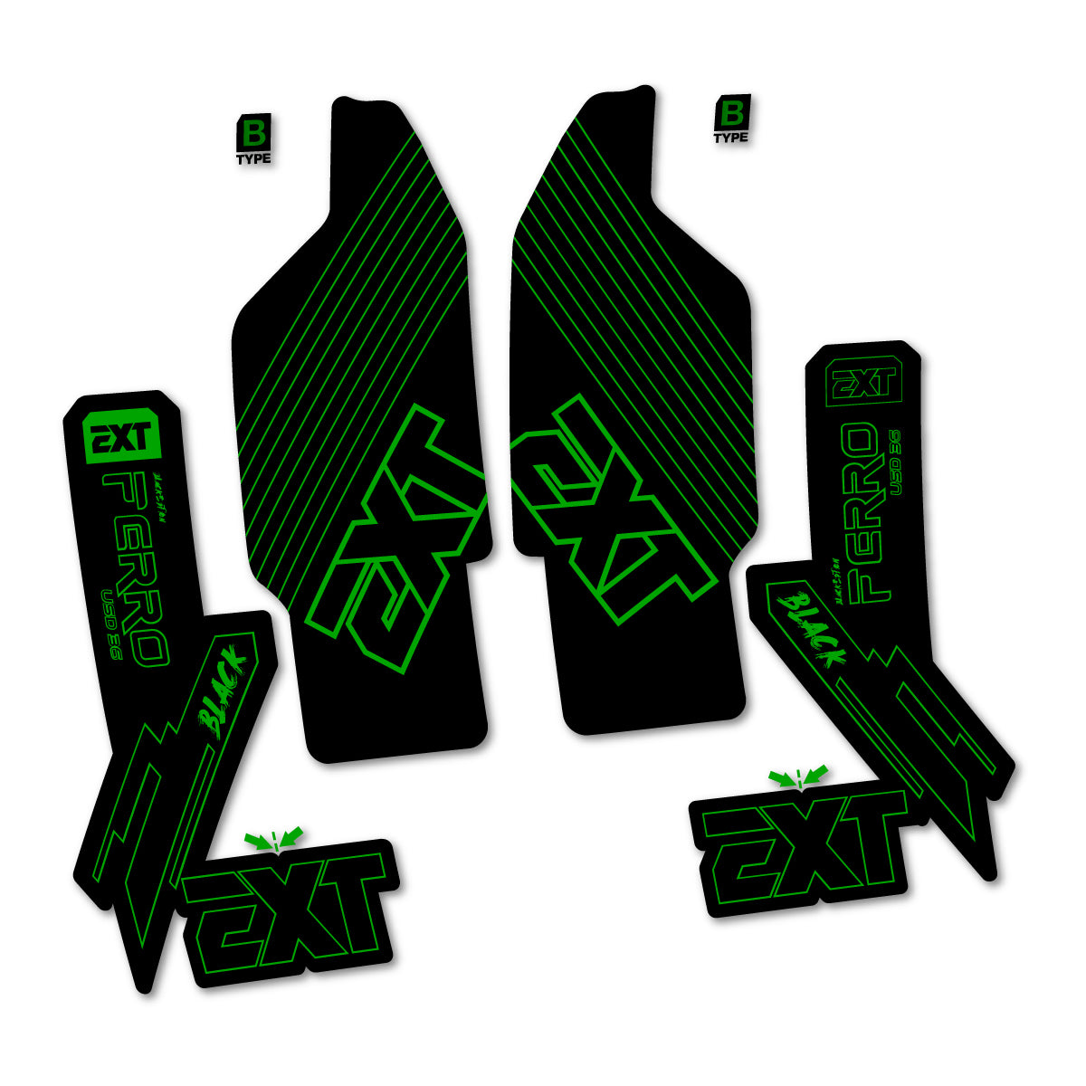 Compatible Stickers for EXT Ferro USD 36 Black Edition 2025-2026, Fork vinyl decals - Green