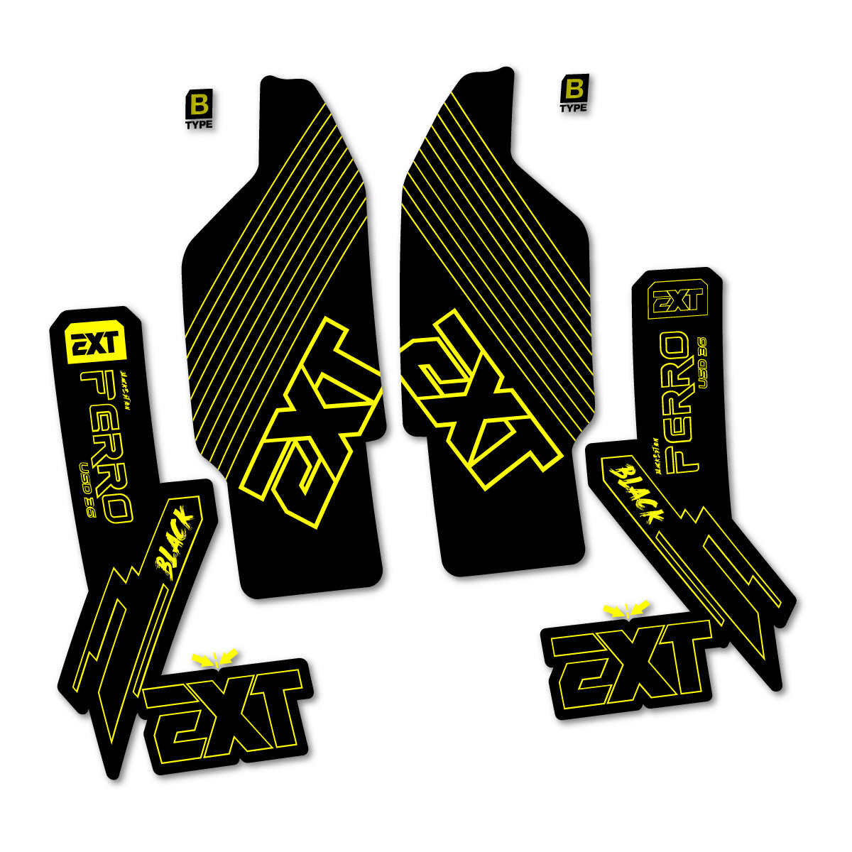 Compatible Stickers for EXT Ferro USD 36 Black Edition 2025-2026, Fork vinyl decals - Lemon Yellow
