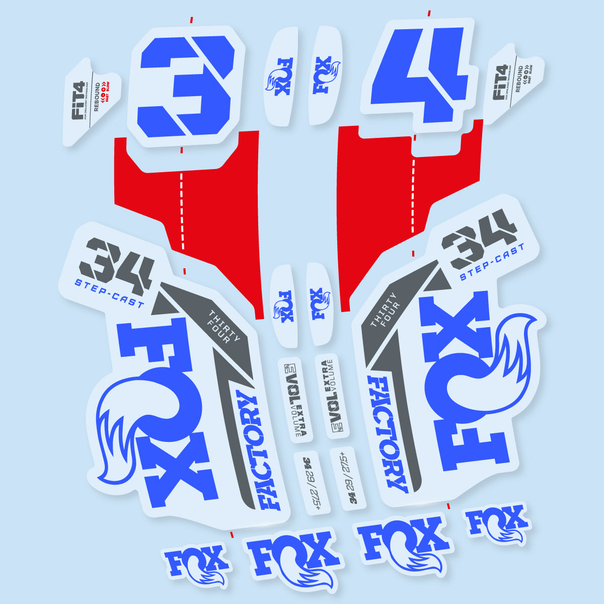 Compatible Stickers for Fox 34 SC Factory 2021, Fork vinyl decals - Medium Blue