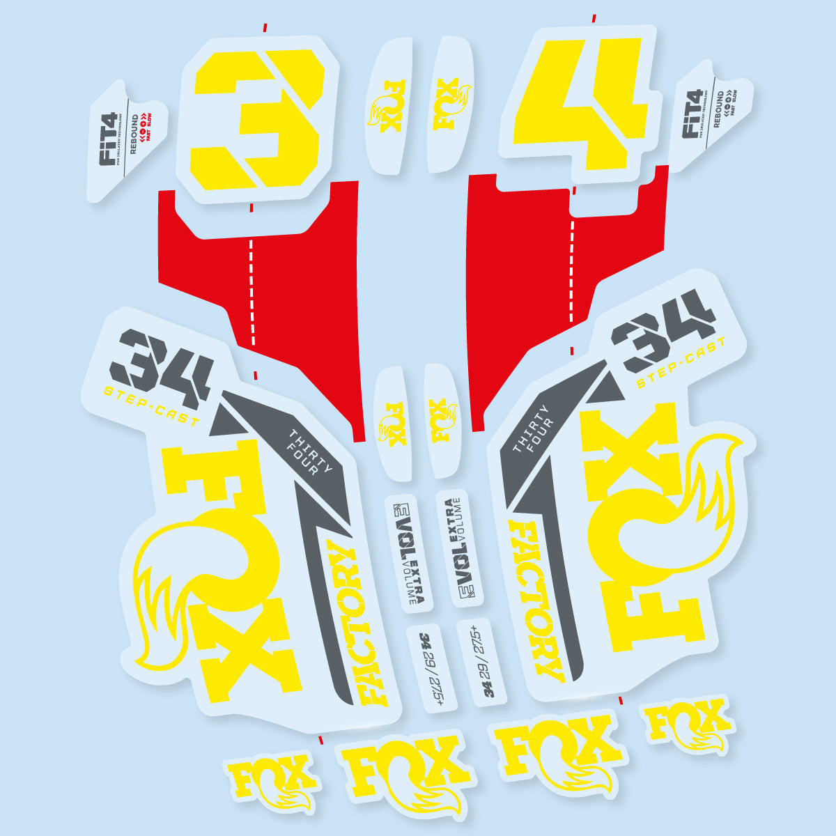 Compatible Stickers for Fox 34 SC Factory 2021, Fork vinyl decals - Yellow