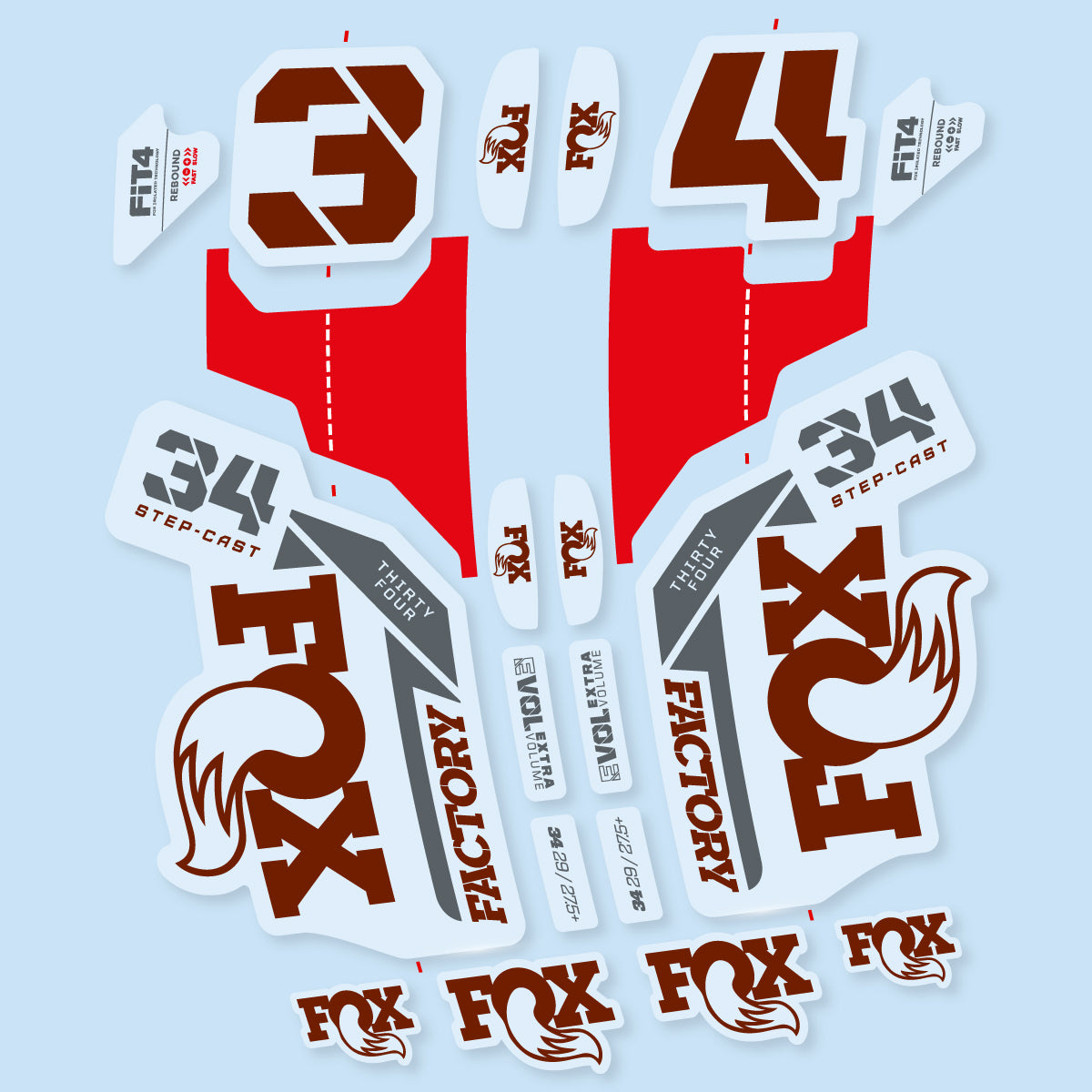 Compatible Stickers for Fox 34 SC Factory 2021, Fork vinyl decals - Brown