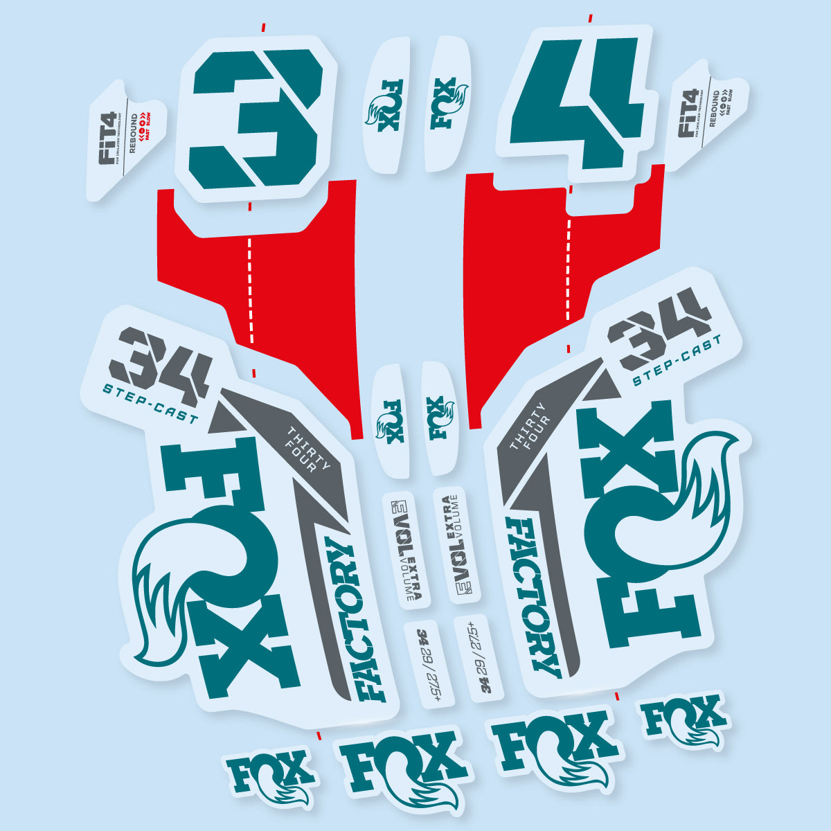 Compatible Stickers for Fox 34 SC Factory 2021, Fork vinyl decals - Dark Turquoise