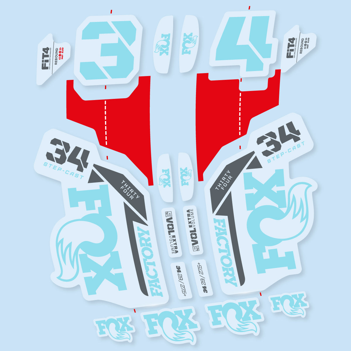 Compatible Stickers for Fox 34 SC Factory 2021, Fork vinyl decals - Sky Blue