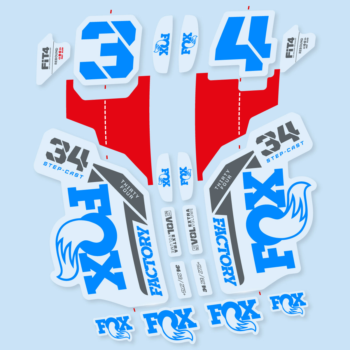Compatible Stickers for Fox 34 SC Factory 2021, Fork vinyl decals - Luminous Cyan