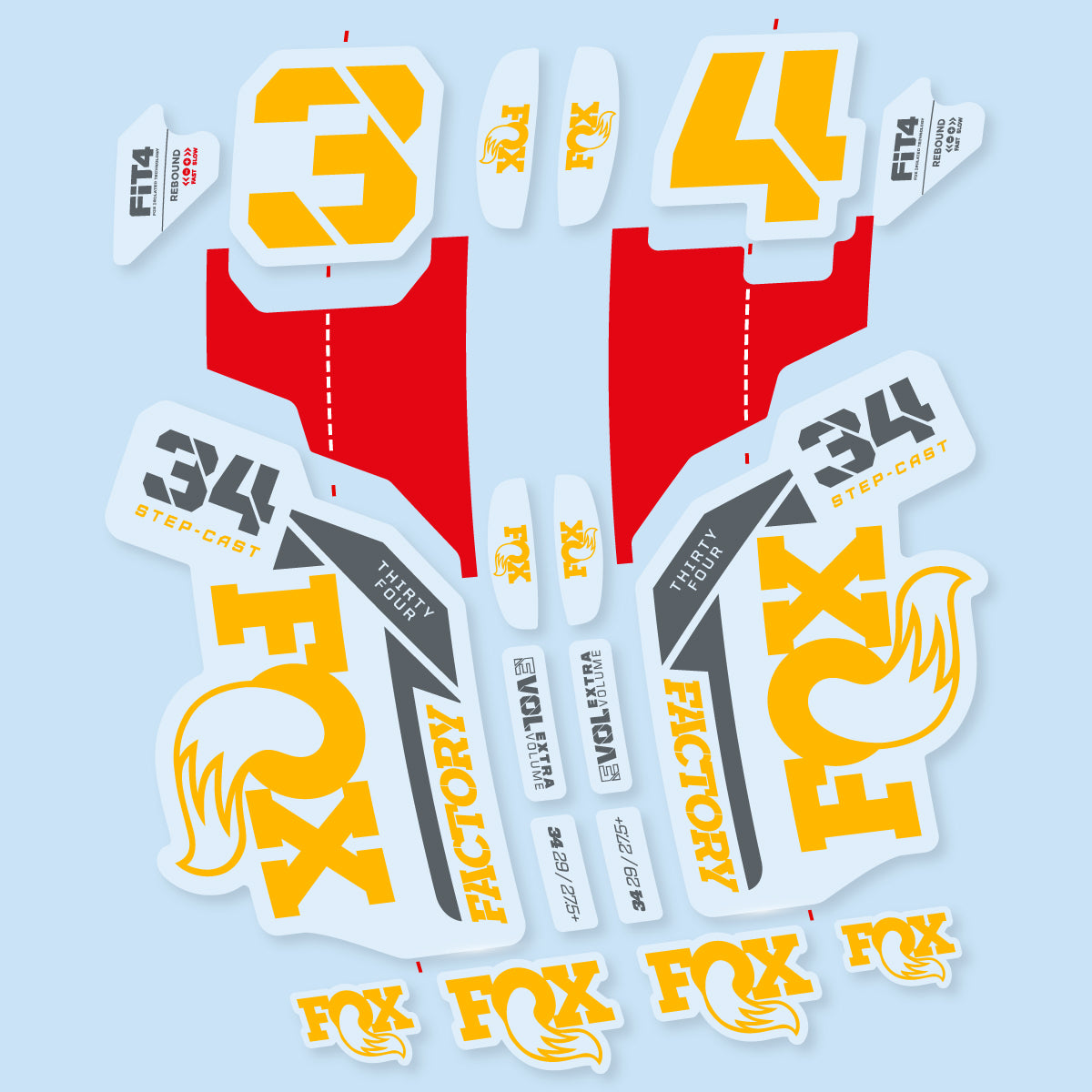 Compatible Stickers for Fox 34 SC Factory 2021, Fork vinyl decals - Medium Yellow