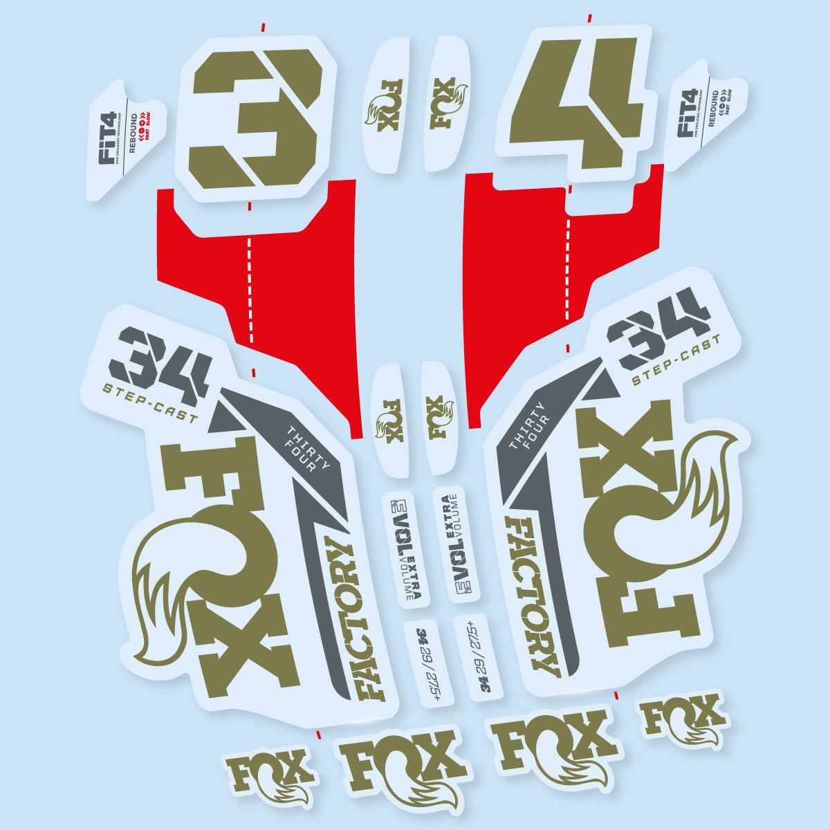 Compatible Stickers for Fox 34 SC Factory 2021, Fork vinyl decals - Khaki