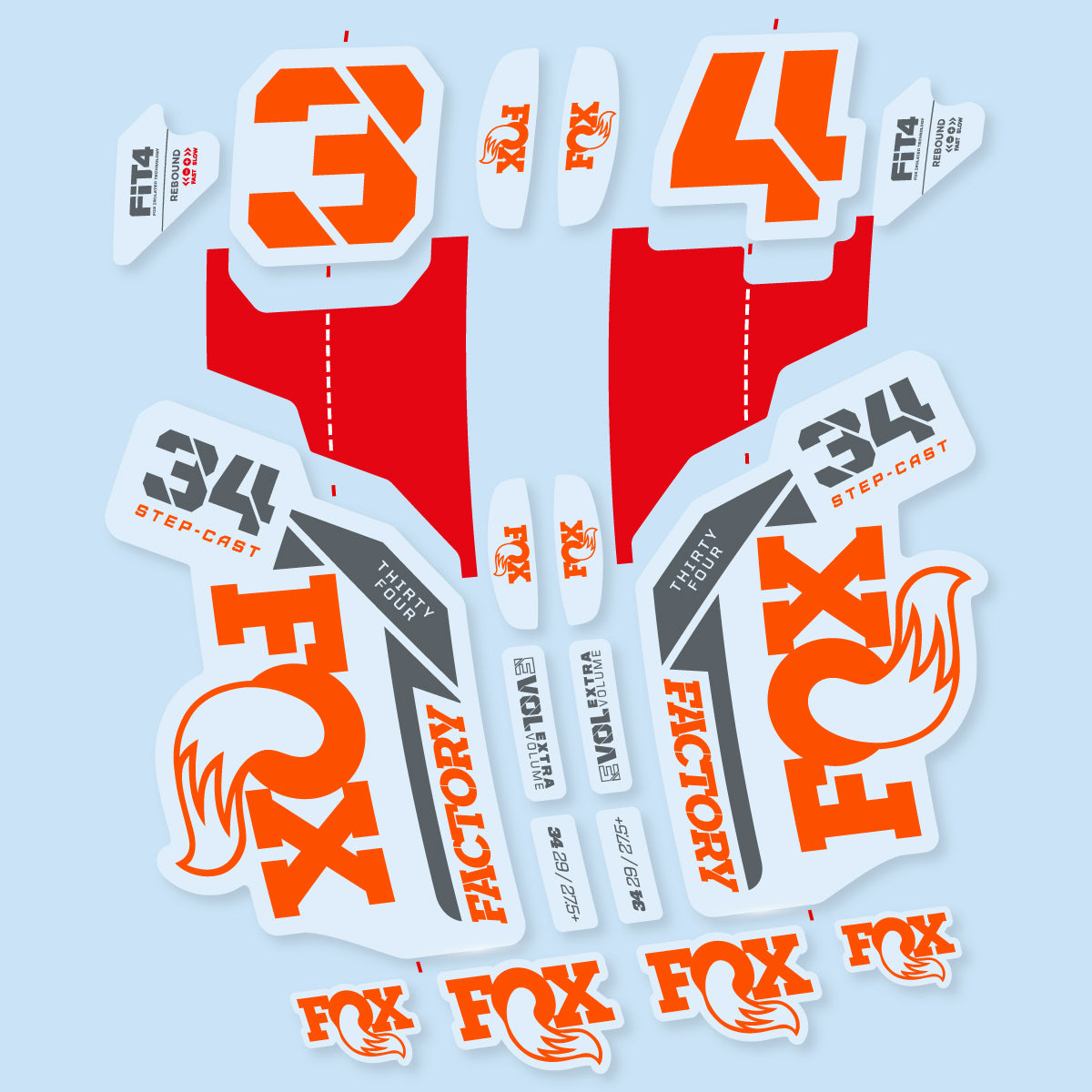 Compatible Stickers for Fox 34 SC Factory 2021, Fork vinyl decals - Orange