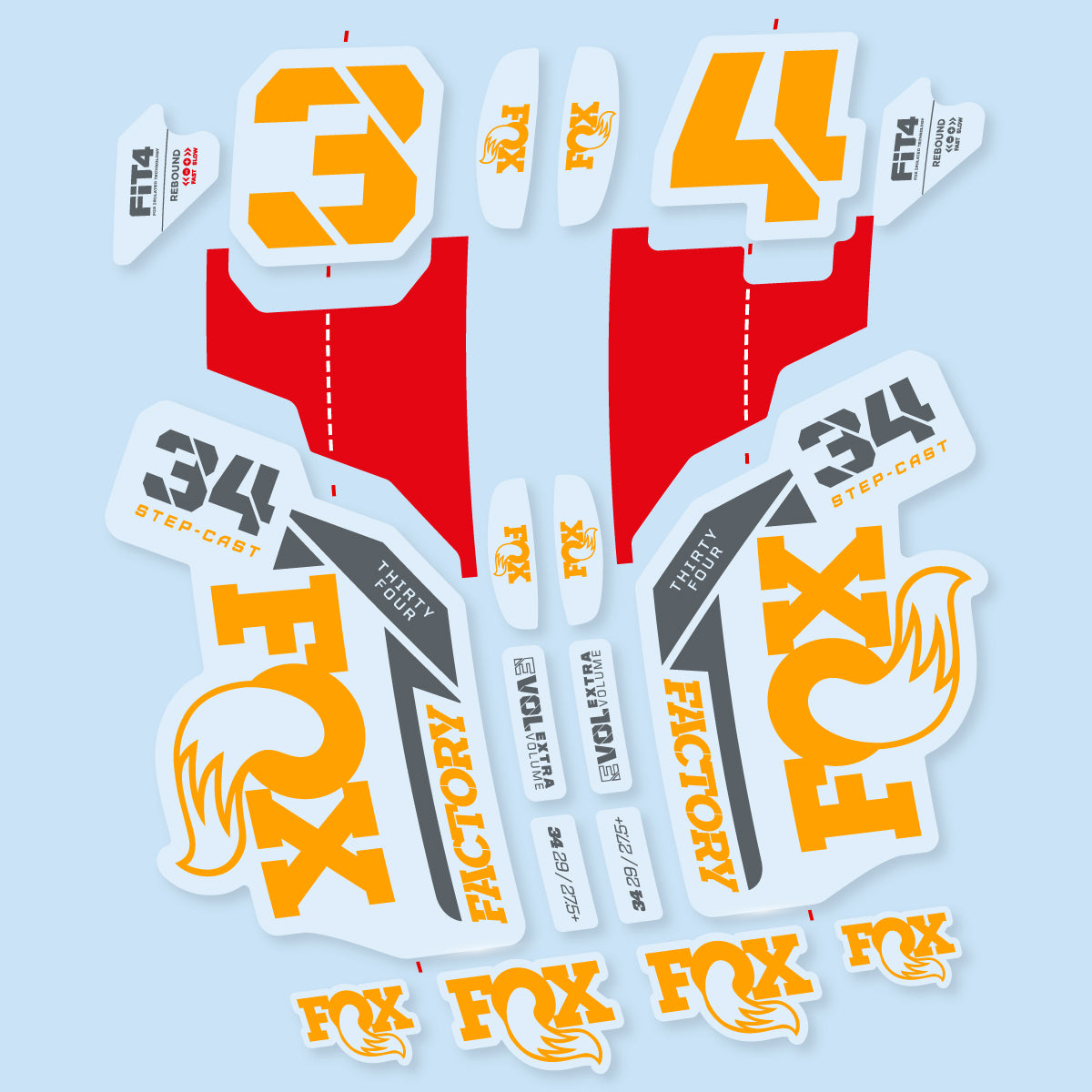 Compatible Stickers for Fox 34 SC Factory 2021, Fork vinyl decals - Orange Yellow