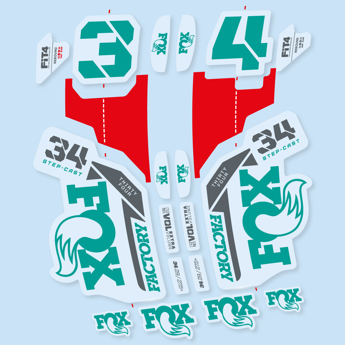 Compatible Stickers for Fox 34 SC Factory 2021, Fork vinyl decals - Petrol Turquoise