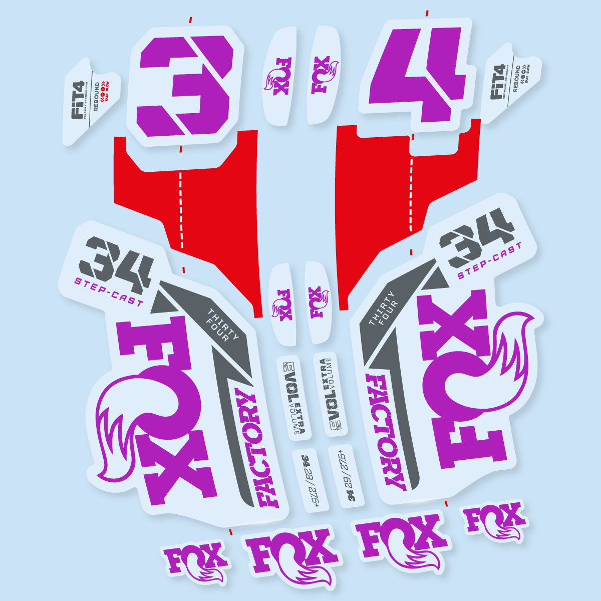 Compatible Stickers for Fox 34 SC Factory 2021, Fork vinyl decals - Violet Pink