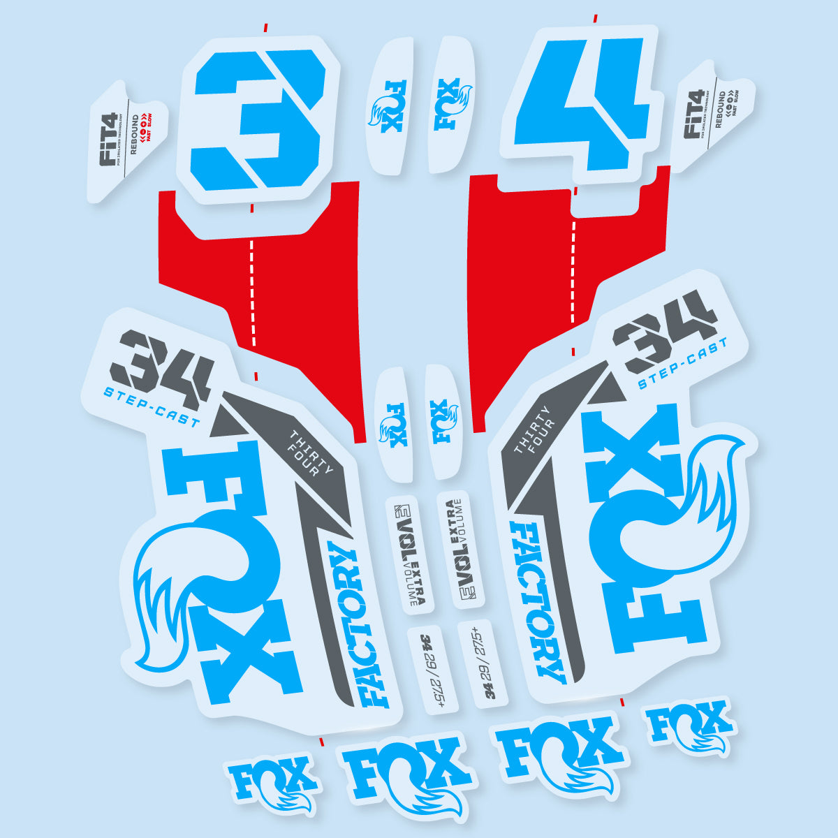 Compatible Stickers for Fox 34 SC Factory 2021, Fork vinyl decals - Light Blue