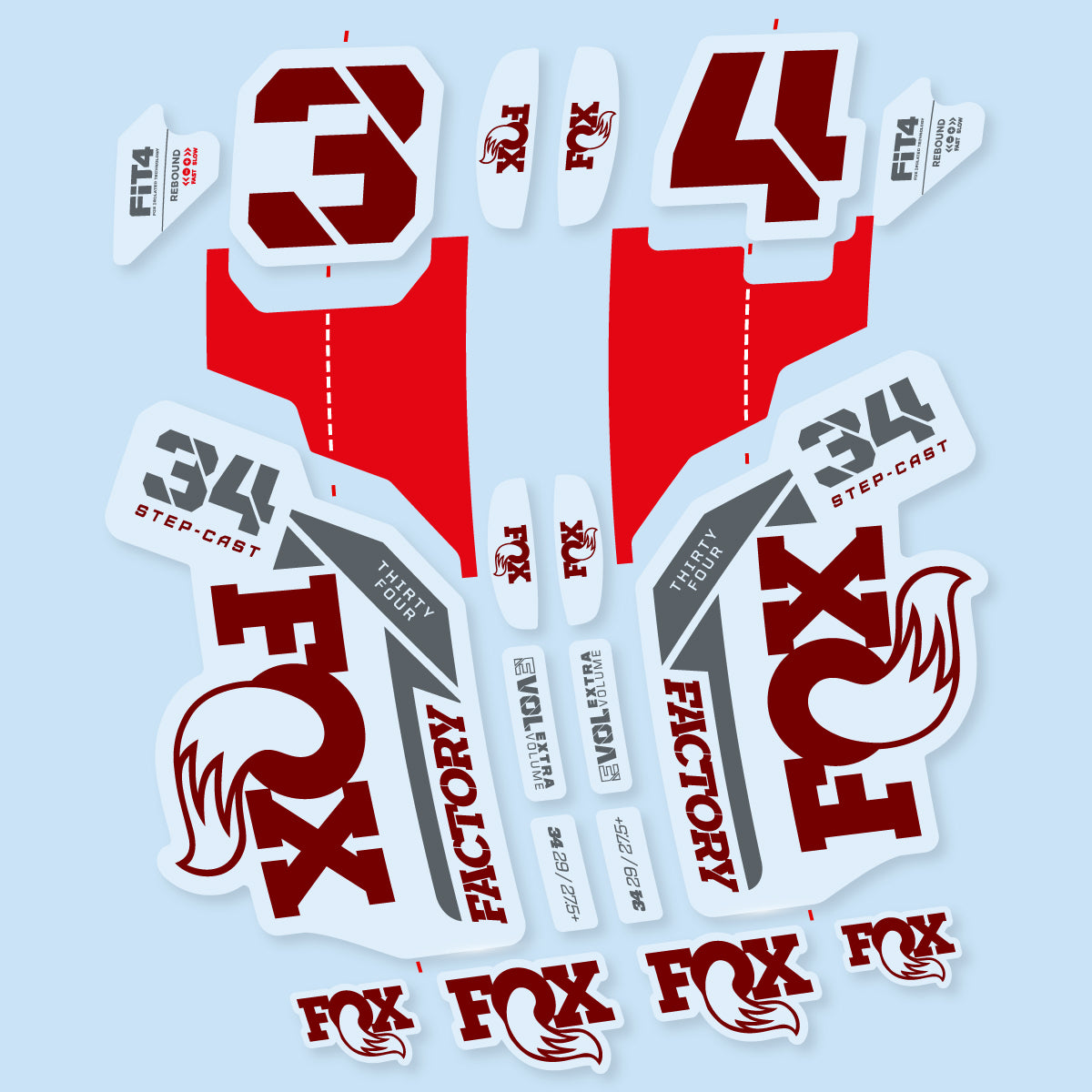 Compatible Stickers for Fox 34 SC Factory 2021, Fork vinyl decals - Very Dark Red