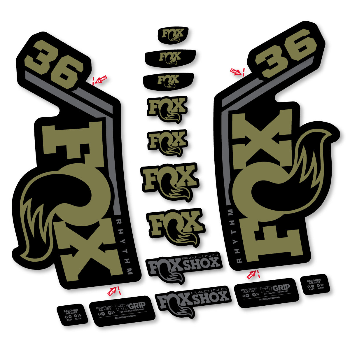 Stickers for Fox 36 Rhythm 2027, Fork vinyl decals - Khaki