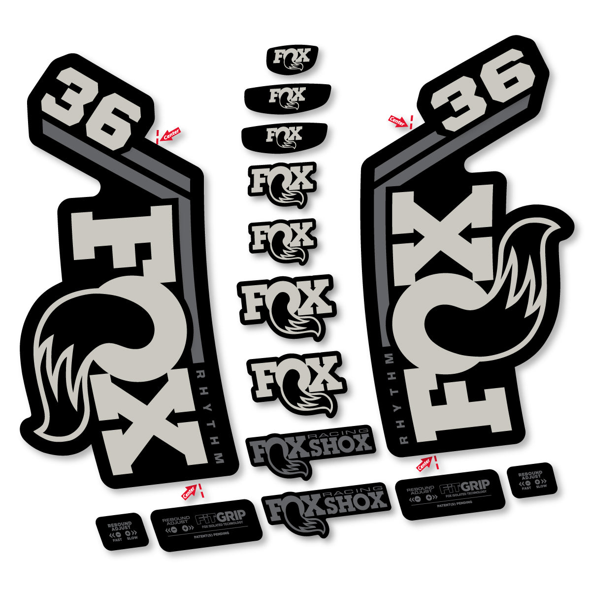 Stickers for Fox 36 Rhythm 2027, Fork vinyl decals - Light Grey