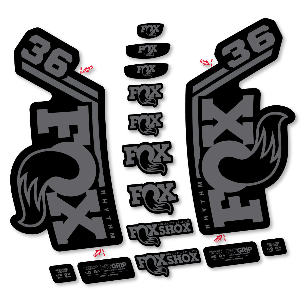 Stickers for Fox 36 Rhythm 2027, Fork vinyl decals - Medium Grey