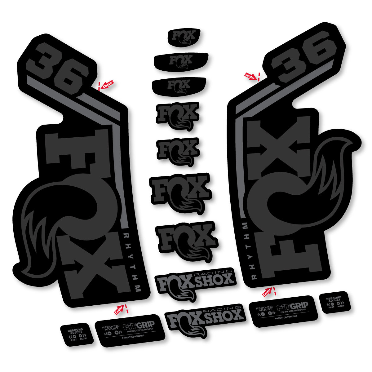 Stickers for Fox 36 Rhythm 2027, Fork vinyl decals - Very Dark Grey