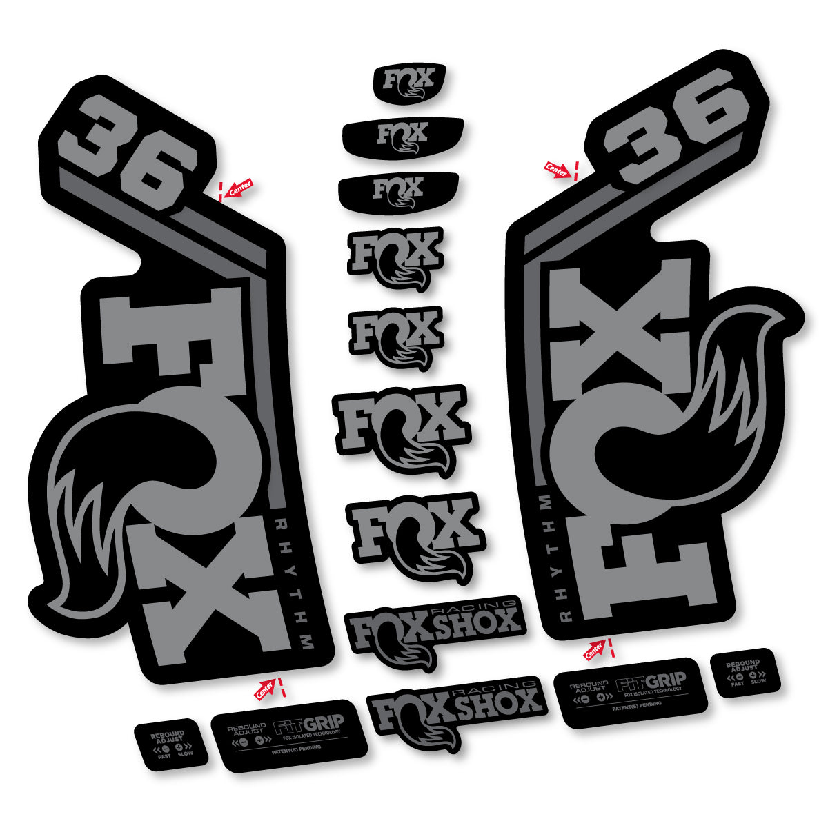 Stickers for Fox 36 Rhythm 2027, Fork vinyl decals - Traffic Grey