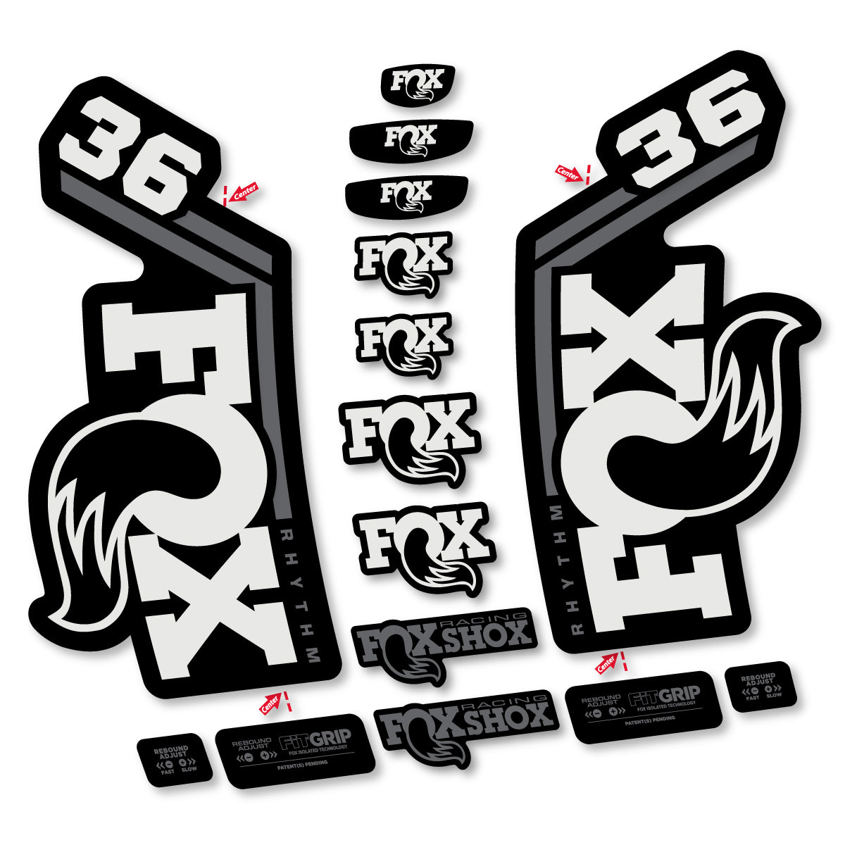 Stickers for Fox 36 Rhythm 2027, Fork vinyl decals - Pearl Grey