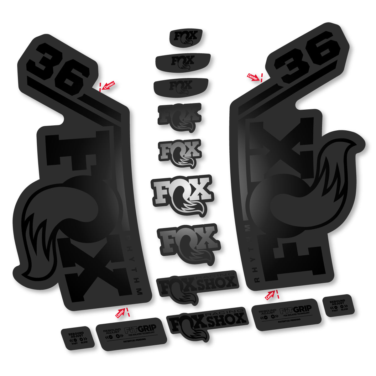 Stickers for Fox 36 Rhythm 2027, Fork vinyl decals - Black