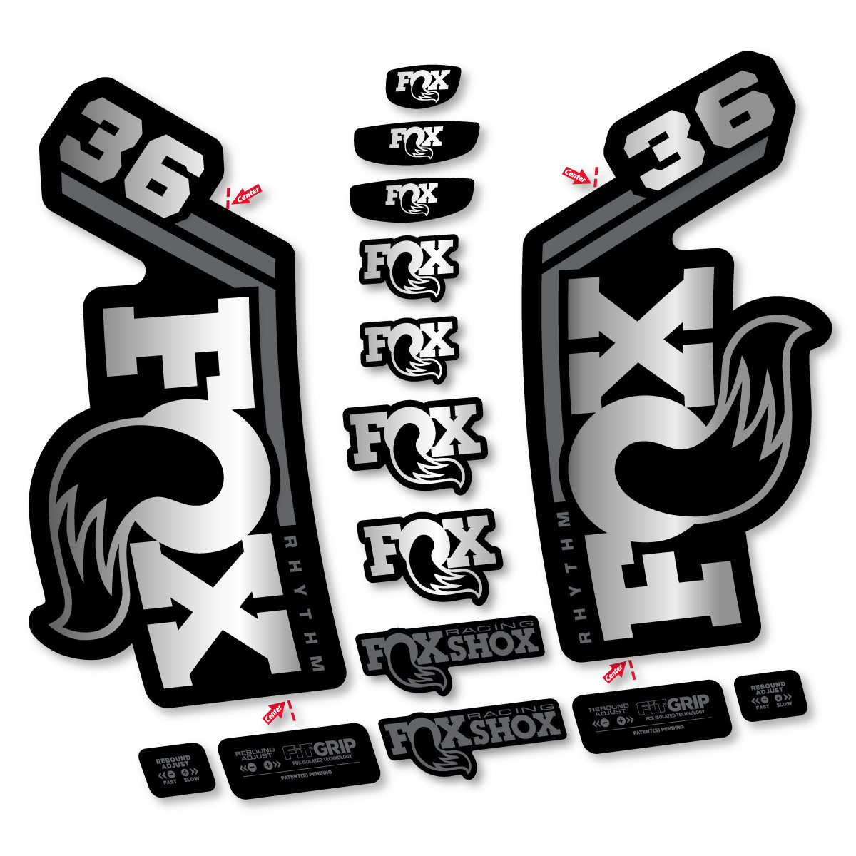 Stickers for Fox 36 Rhythm 2027, Fork vinyl decals - Chrome Silver