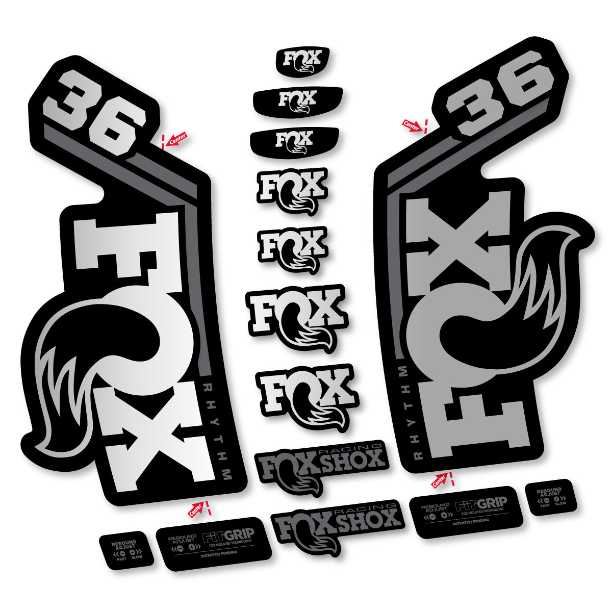 Stickers for Fox 36 Rhythm 2027, Fork vinyl decals - Light Silver