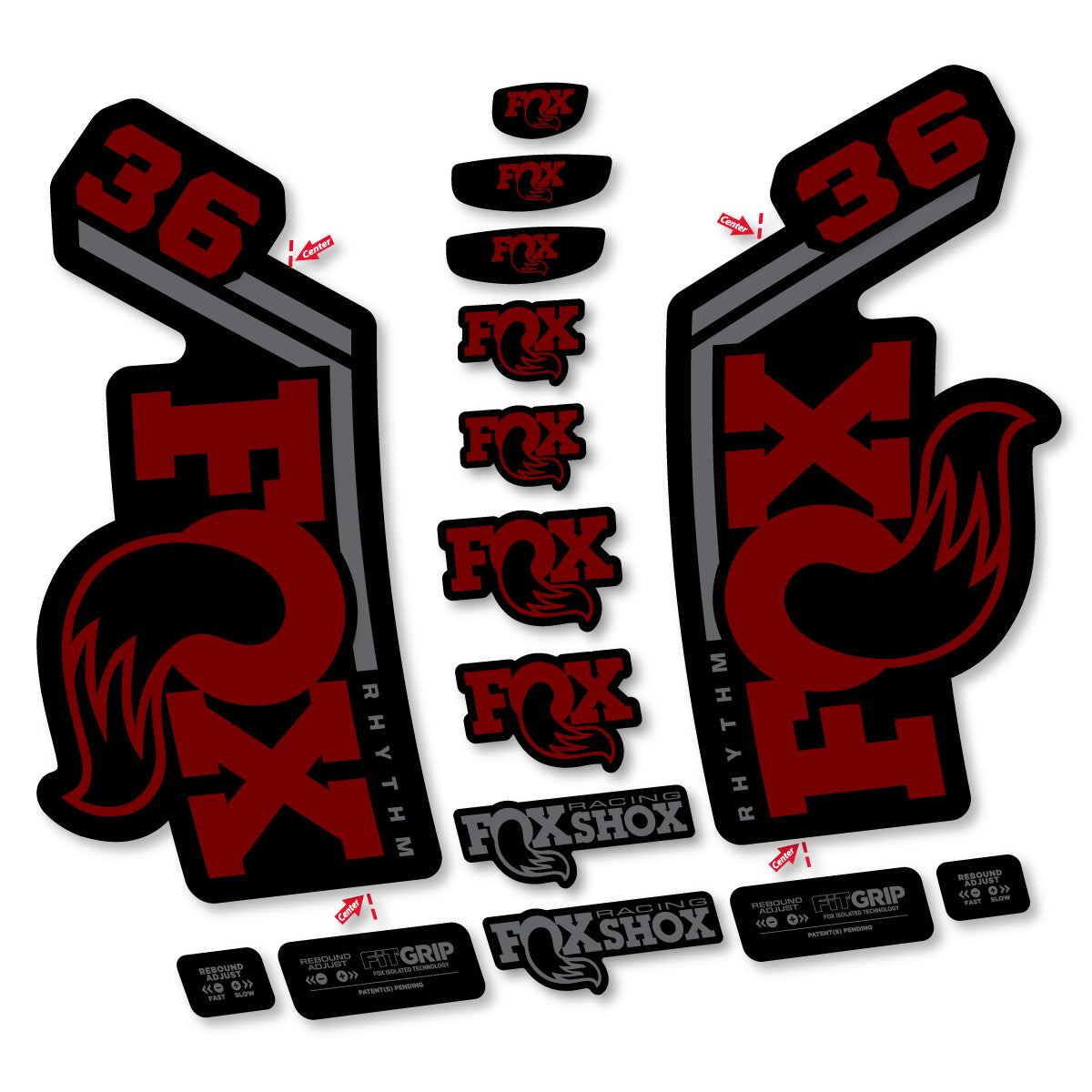 Stickers for Fox 36 Rhythm 2027, Fork vinyl decals - Very Dark Red