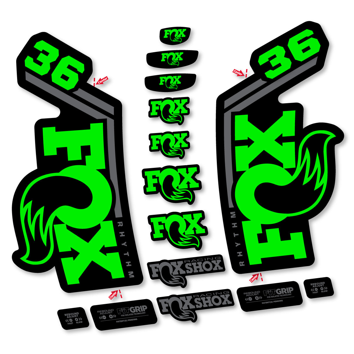 Stickers for Fox 36 Rhythm 2027, Fork vinyl decals - Neon Green