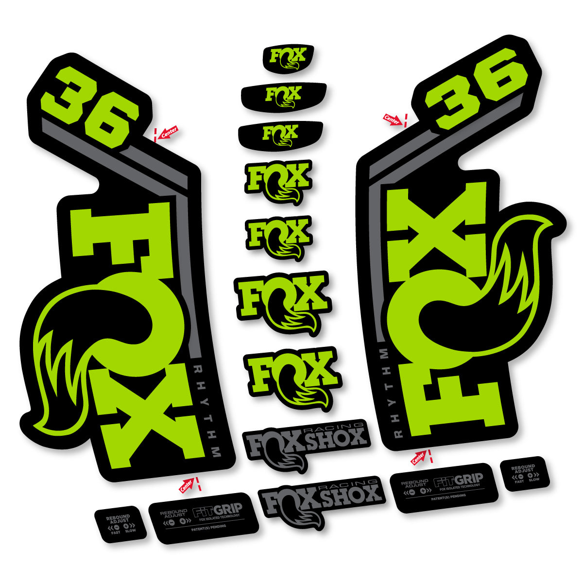Stickers for Fox 36 Rhythm 2027, Fork vinyl decals - Lime Green