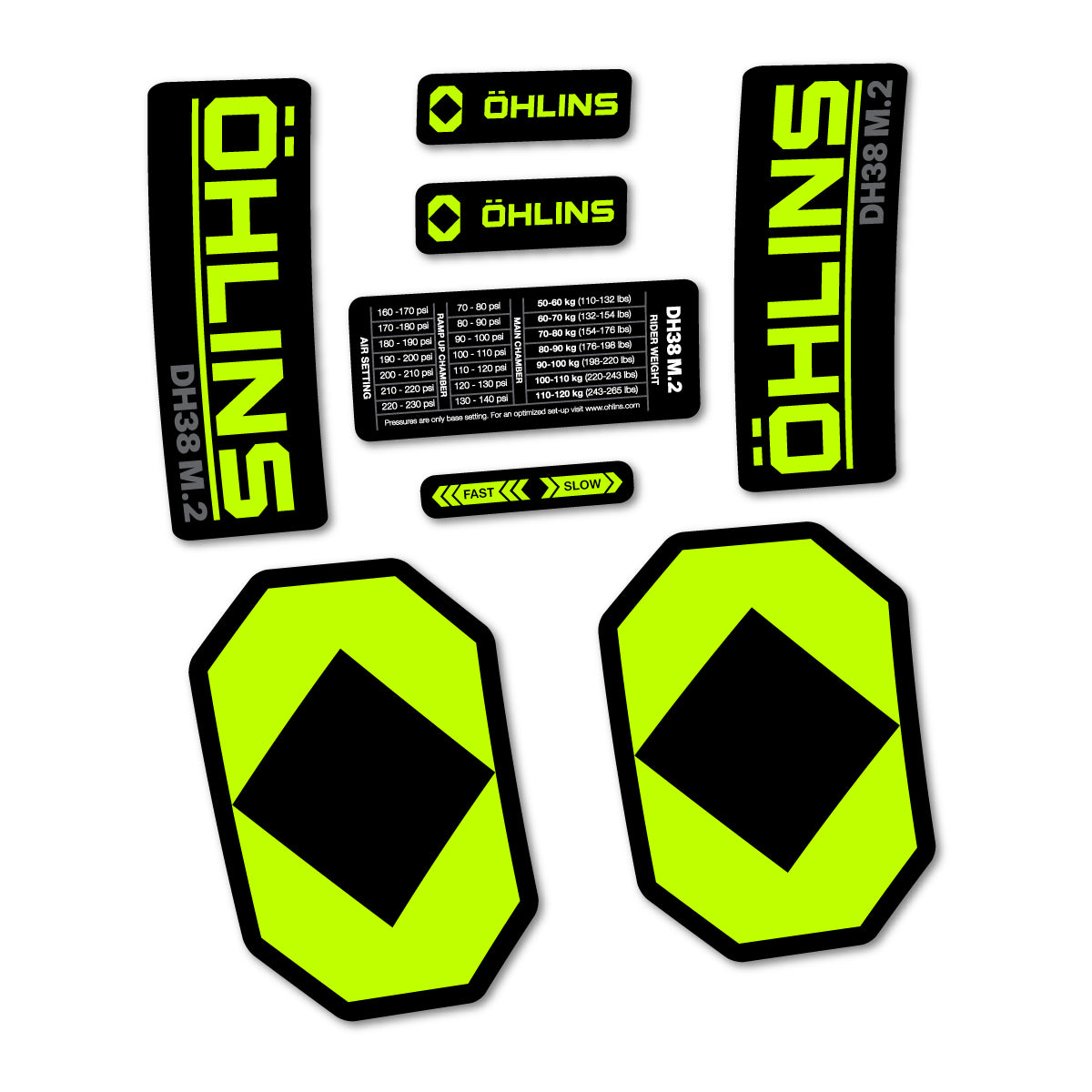 Stickers for Öhlins DH38 M.2 2027, Fork vinyl decals - Lime Neon
