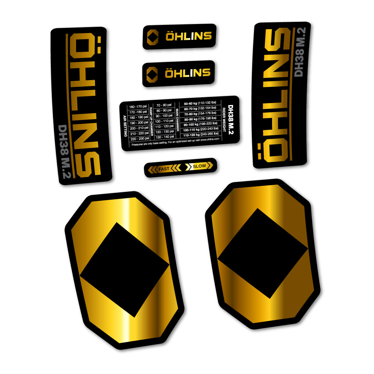 Stickers for Öhlins DH38 M.2 2027, Fork vinyl decals - Chrome Gold