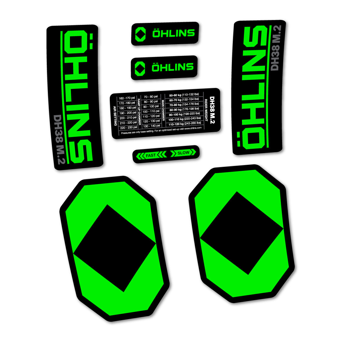 Stickers for Öhlins DH38 M.2 2027, Fork vinyl decals - Neon Green