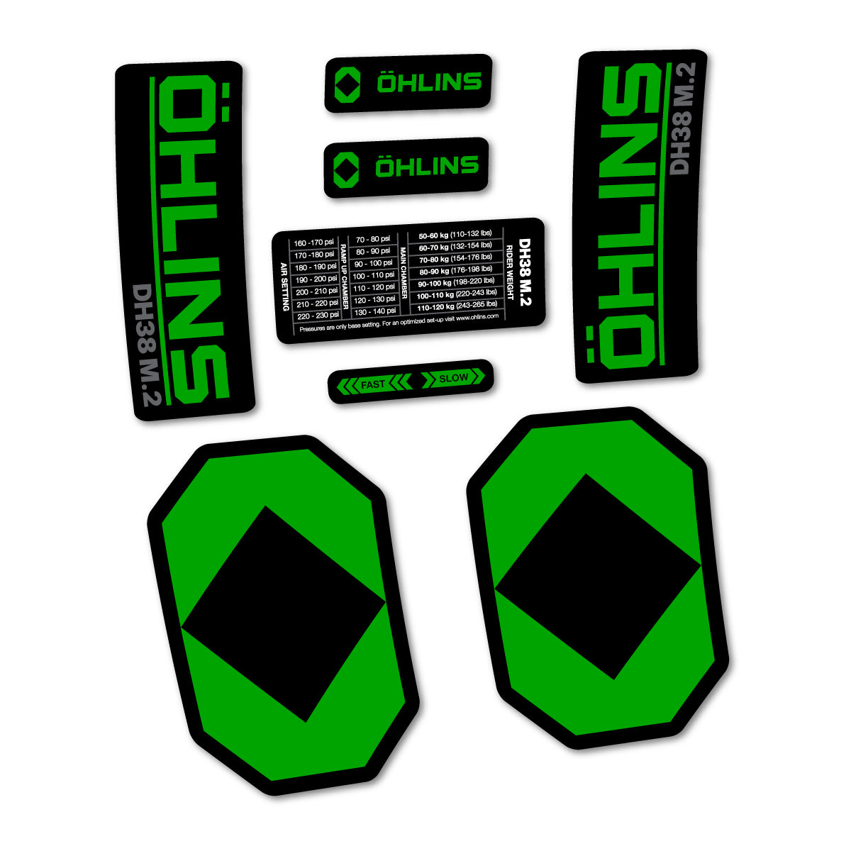 Stickers for Öhlins DH38 M.2 2027, Fork vinyl decals - Green