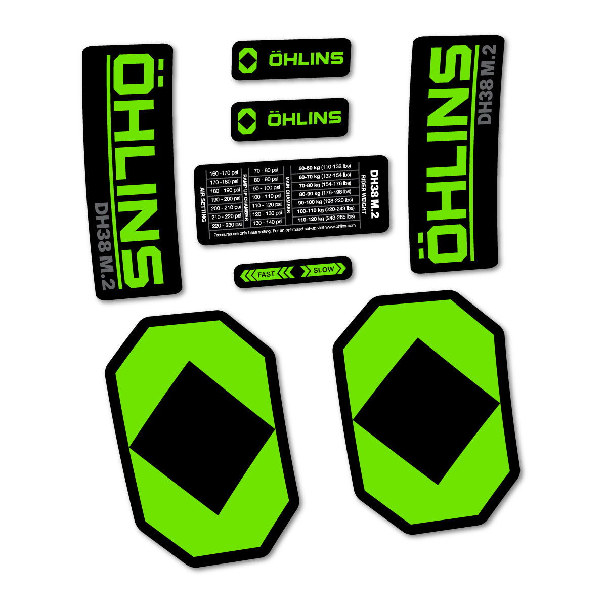 Stickers for Öhlins DH38 M.2 2027, Fork vinyl decals - Apple Green