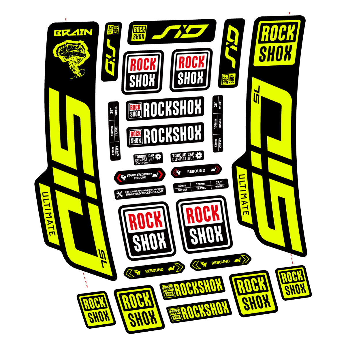 Stickers for RockShox SID Brain Ultimate 2021-2025, Fork vinyl decals - Neon Yellow