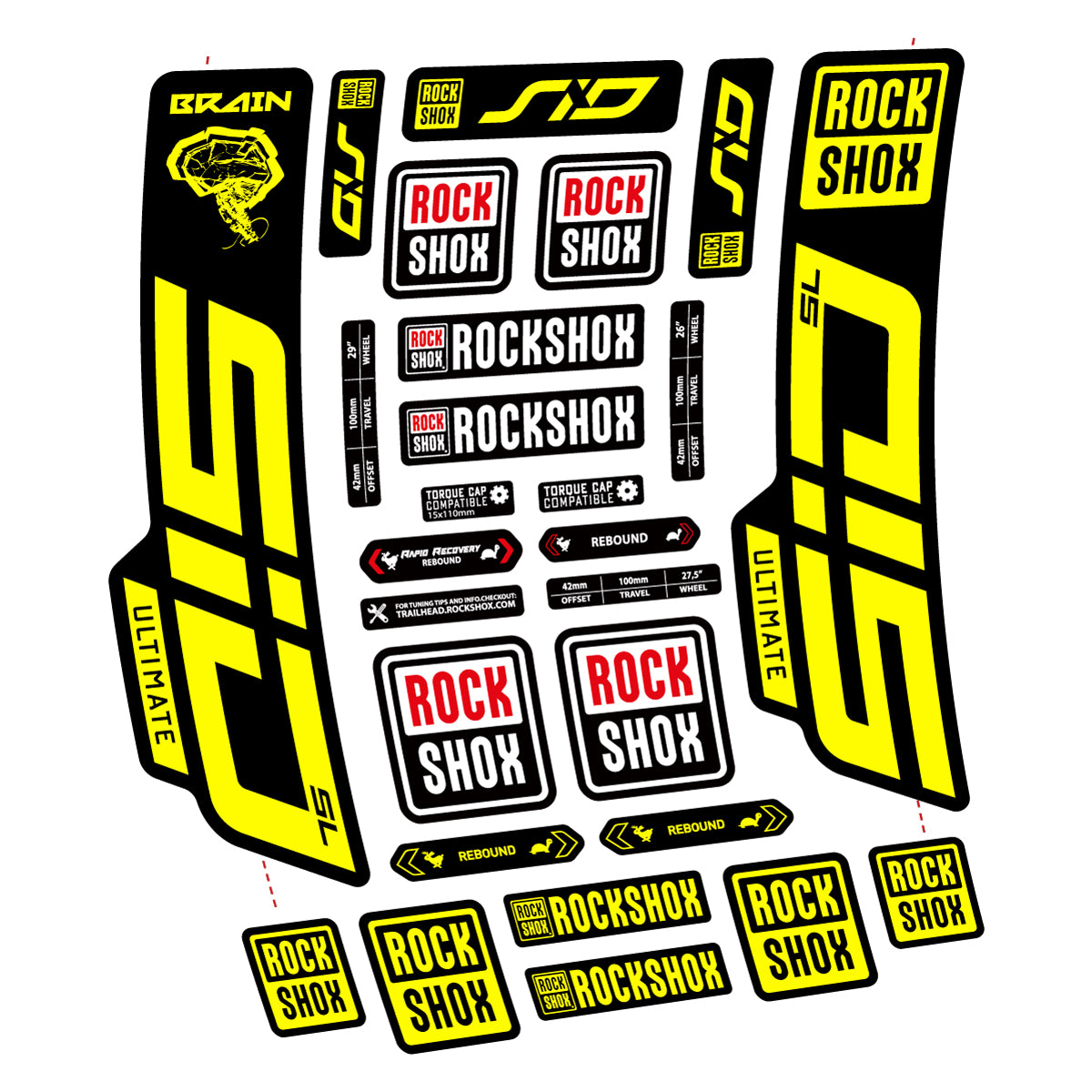 Stickers for RockShox SID Brain Ultimate 2021-2025, Fork vinyl decals - Lemon Yellow