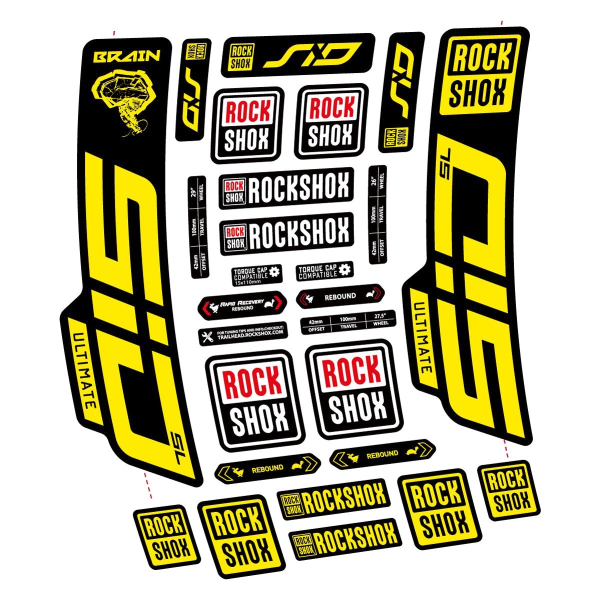 Stickers for RockShox SID Brain Ultimate 2021-2025, Fork vinyl decals - Yellow