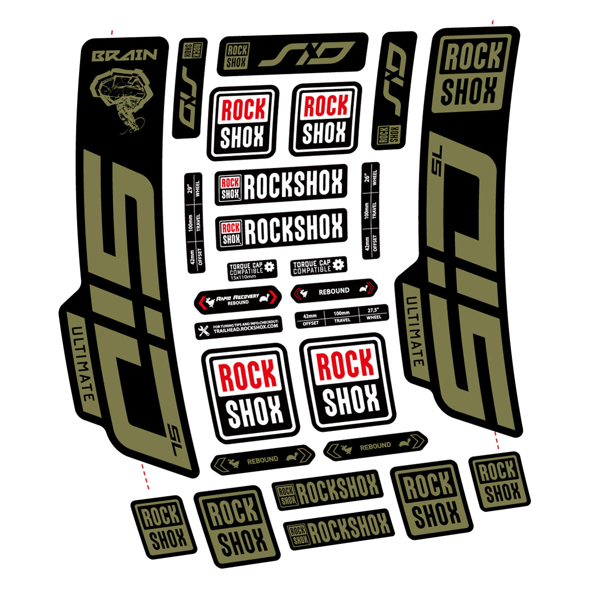 Stickers for RockShox SID Brain Ultimate 2021-2025, Fork vinyl decals - Khaki
