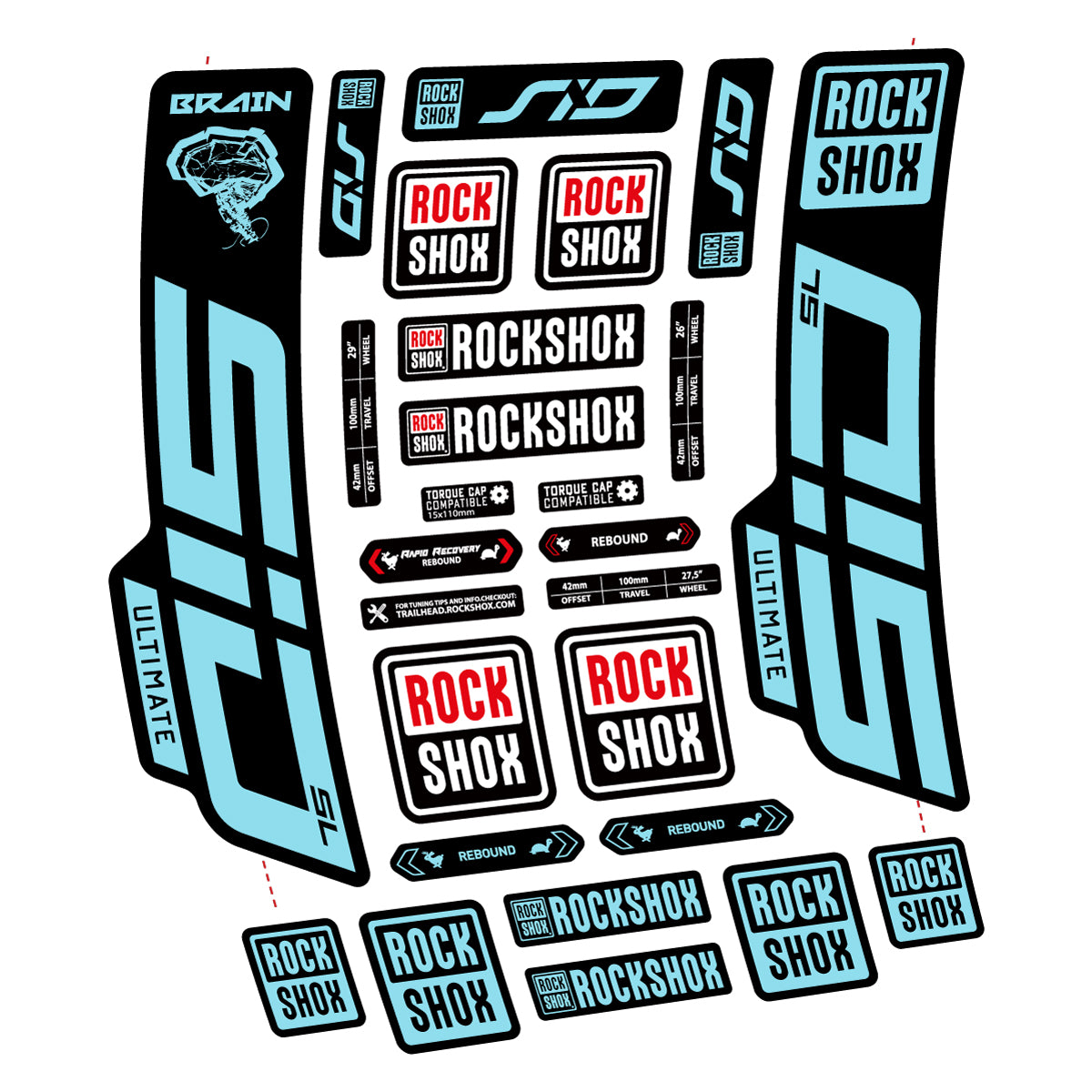 Stickers for RockShox SID Brain Ultimate 2021-2025, Fork vinyl decals - Sky Blue