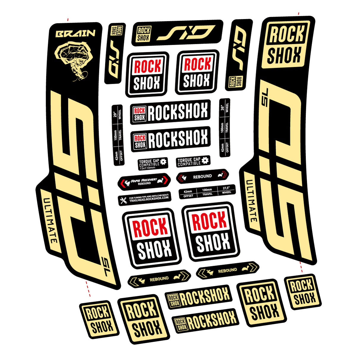 Stickers for RockShox SID Brain Ultimate 2021-2025, Fork vinyl decals - Cream