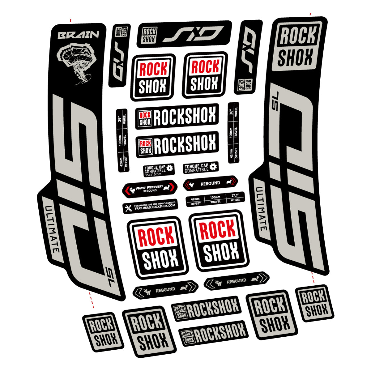 Stickers for RockShox SID Brain Ultimate 2021-2025, Fork vinyl decals - Light Grey