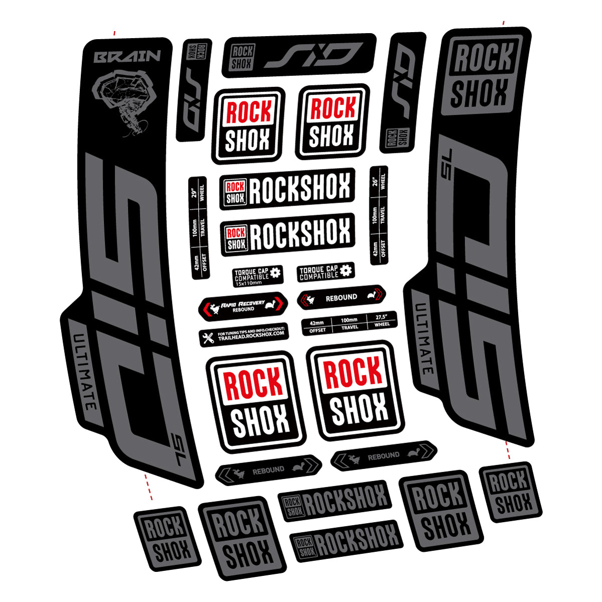 Stickers for RockShox SID Brain Ultimate 2021-2025, Fork vinyl decals - Medium Grey