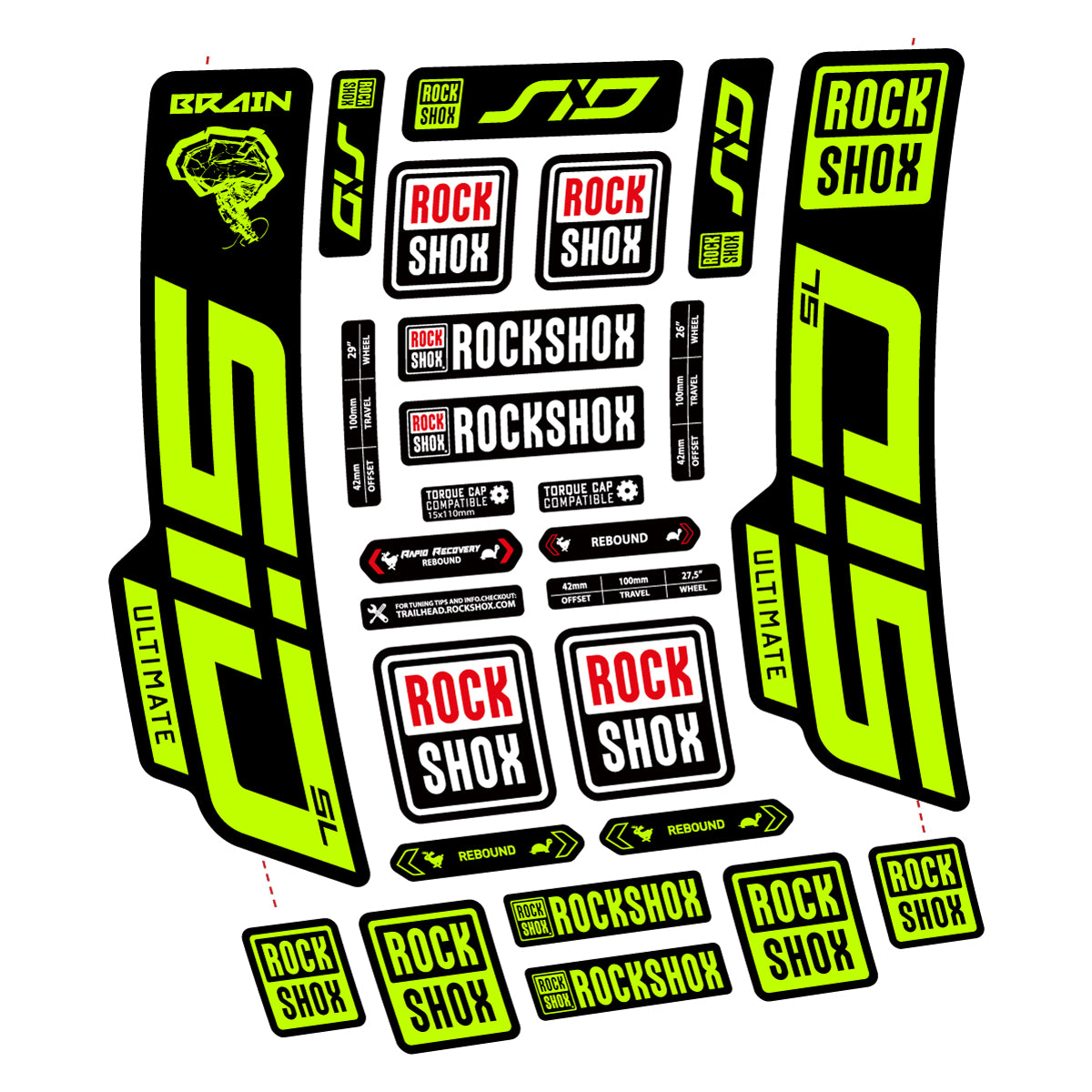 Stickers for RockShox SID Brain Ultimate 2021-2025, Fork vinyl decals - Lime Neon