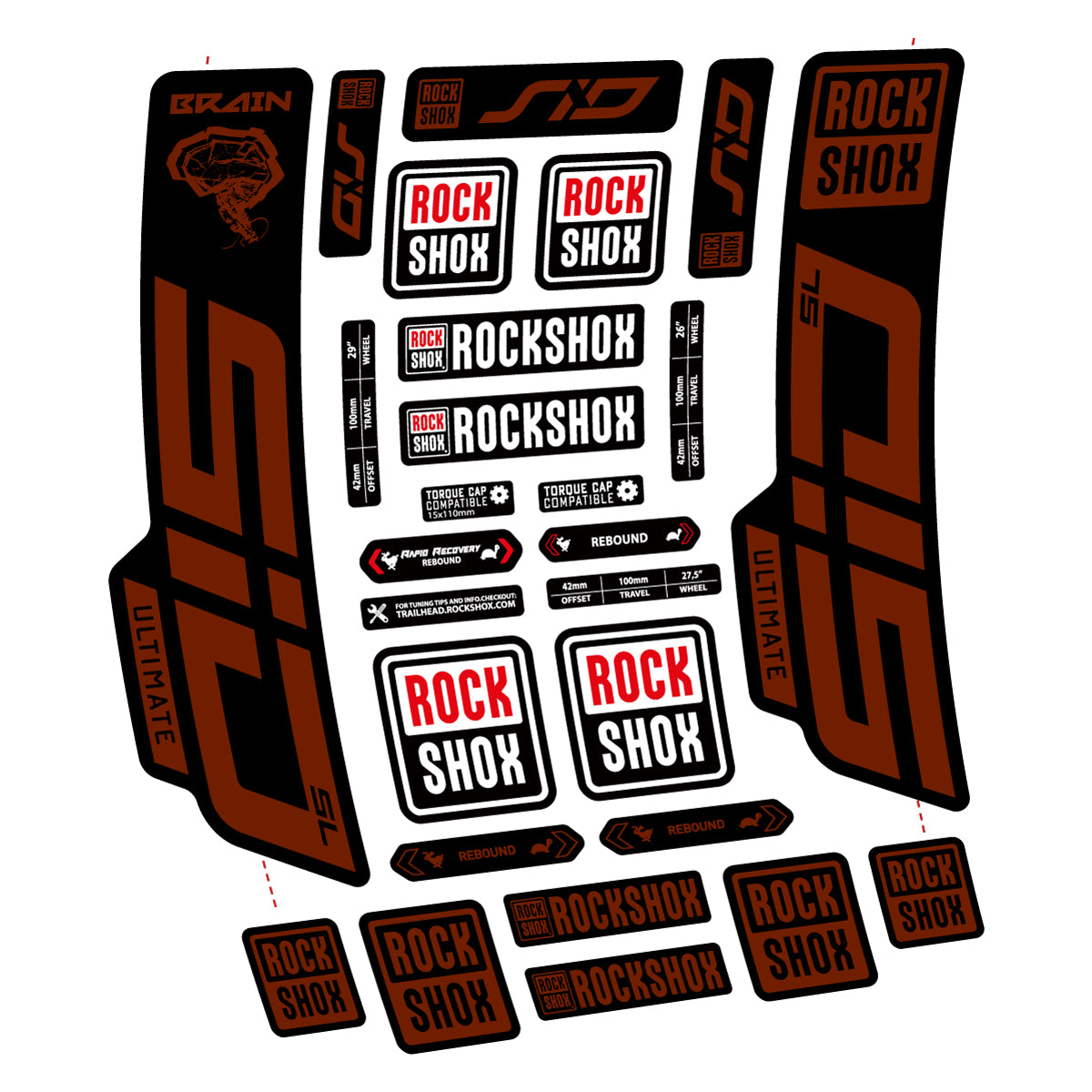 Stickers for RockShox SID Brain Ultimate 2021-2025, Fork vinyl decals - Brown