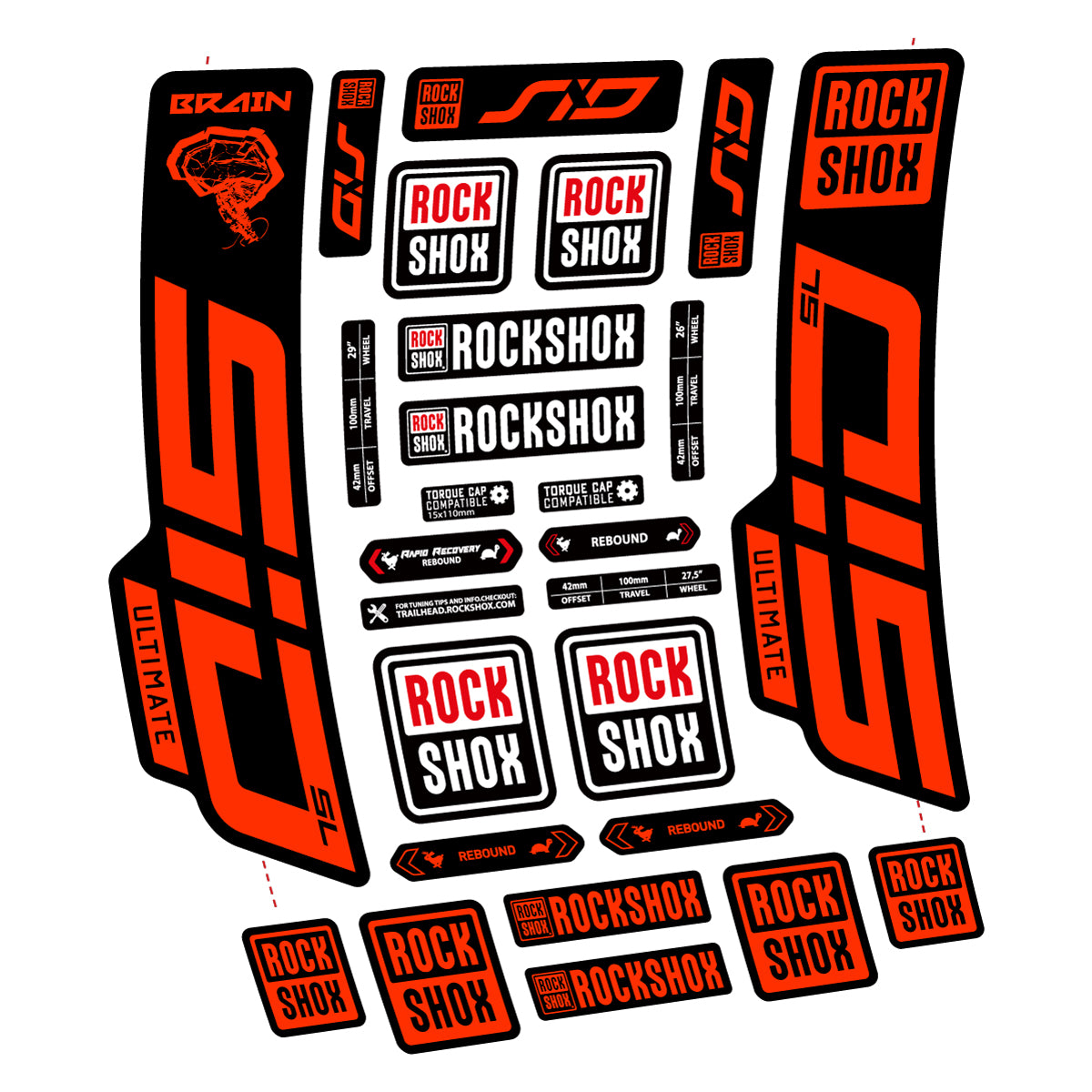 Stickers for RockShox SID Brain Ultimate 2021-2025, Fork vinyl decals - Luminous Orange