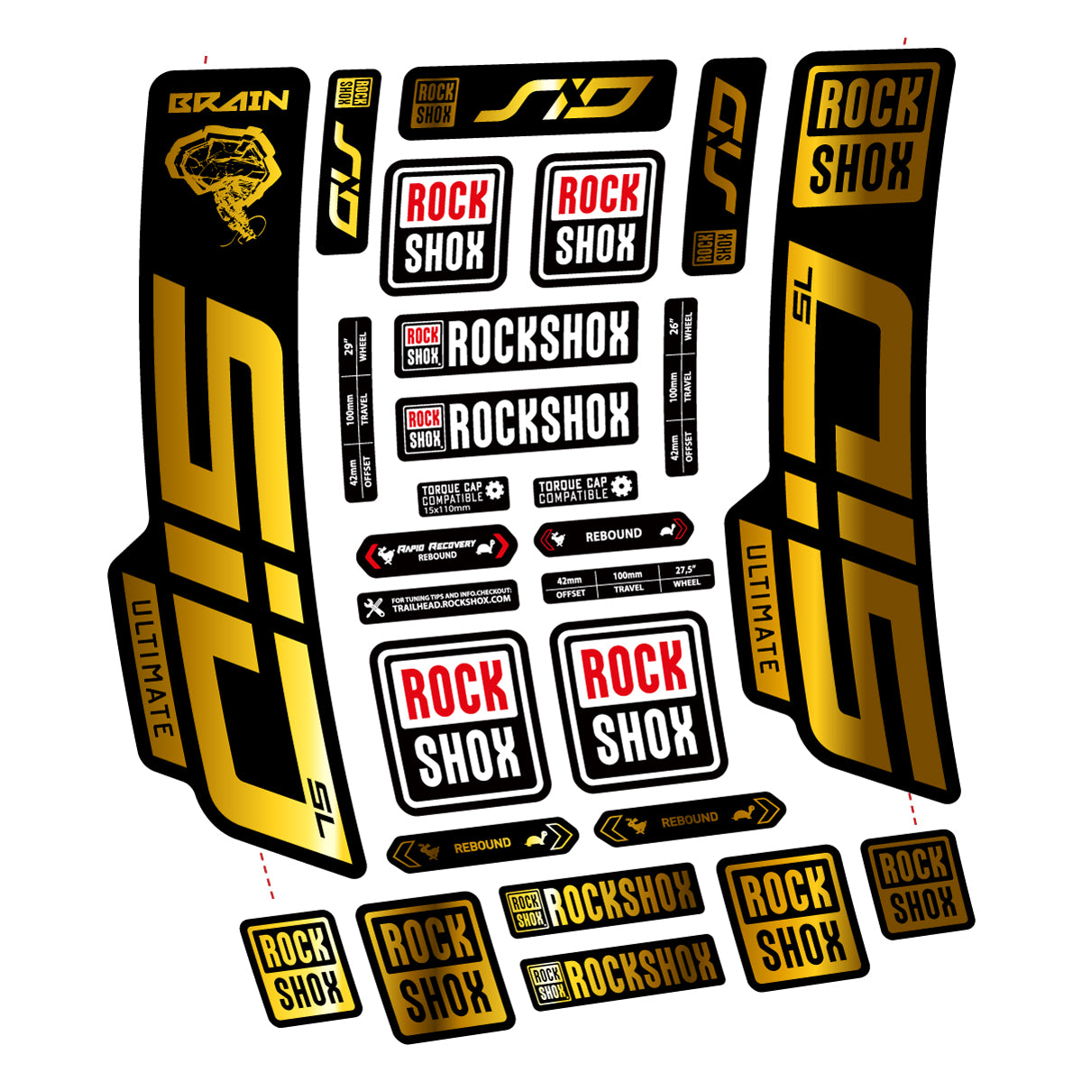 Stickers for RockShox SID Brain Ultimate 2021-2025, Fork vinyl decals - Chrome Gold