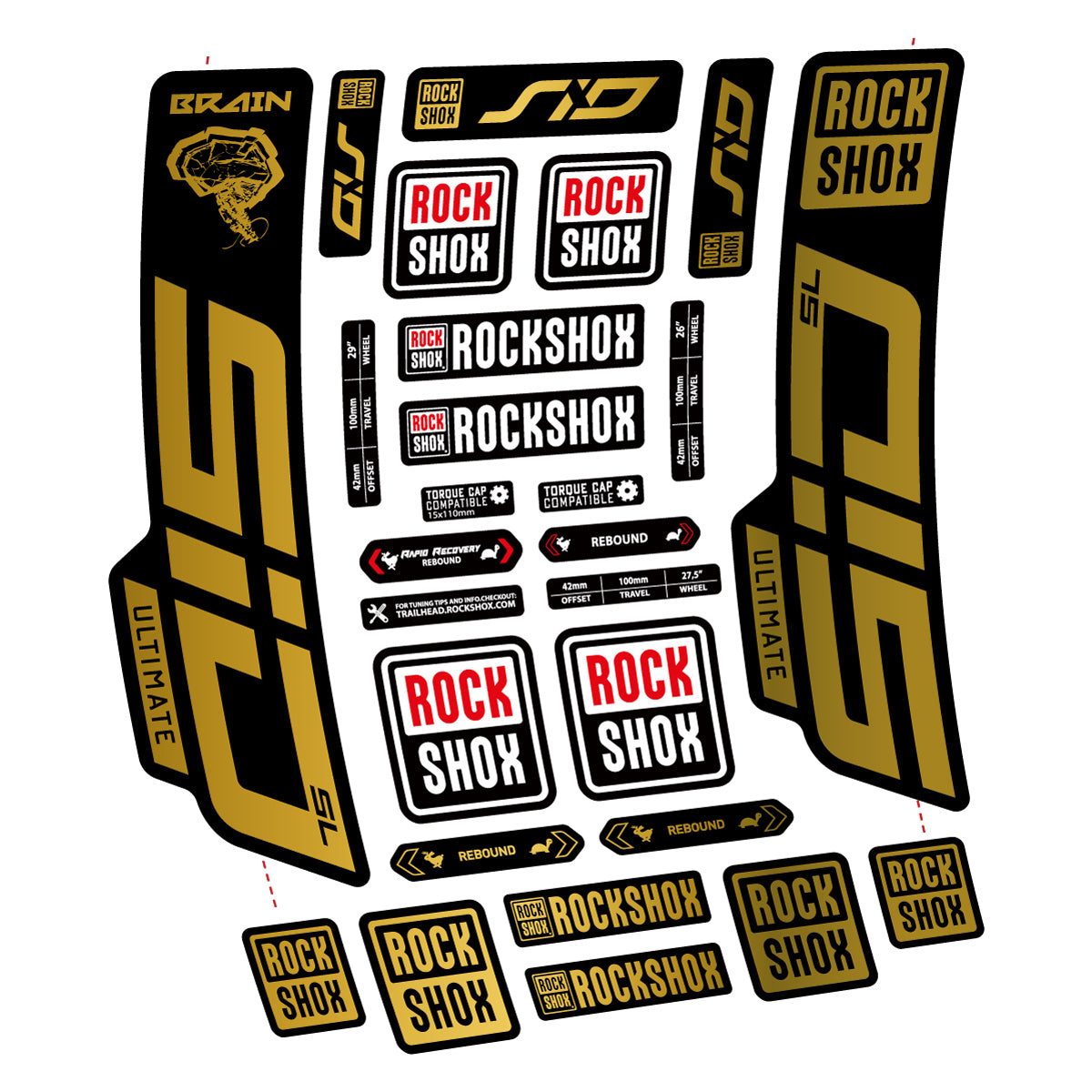 Stickers for RockShox SID Brain Ultimate 2021-2025, Fork vinyl decals - Gold