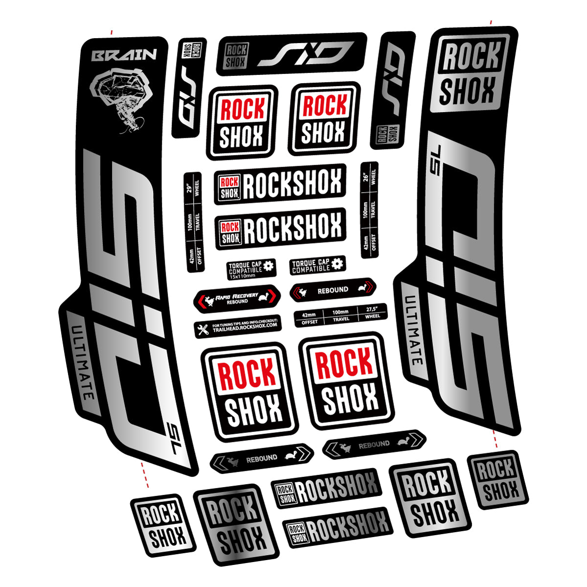Stickers for RockShox SID Brain Ultimate 2021-2025, Fork vinyl decals - Chrome Silver